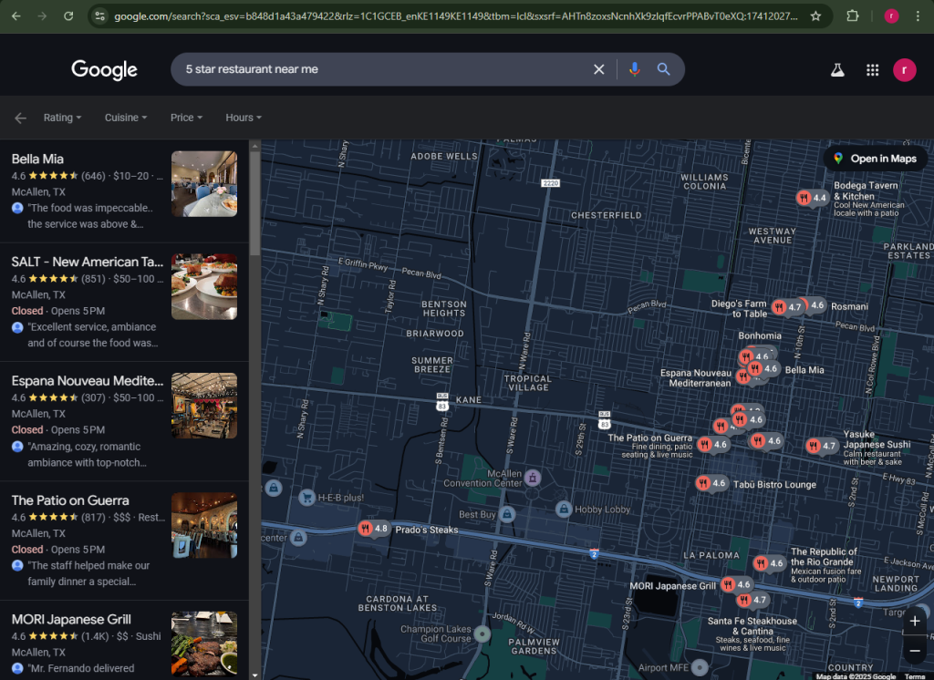 Google My Business screenshot for a "restaurant near me" search.